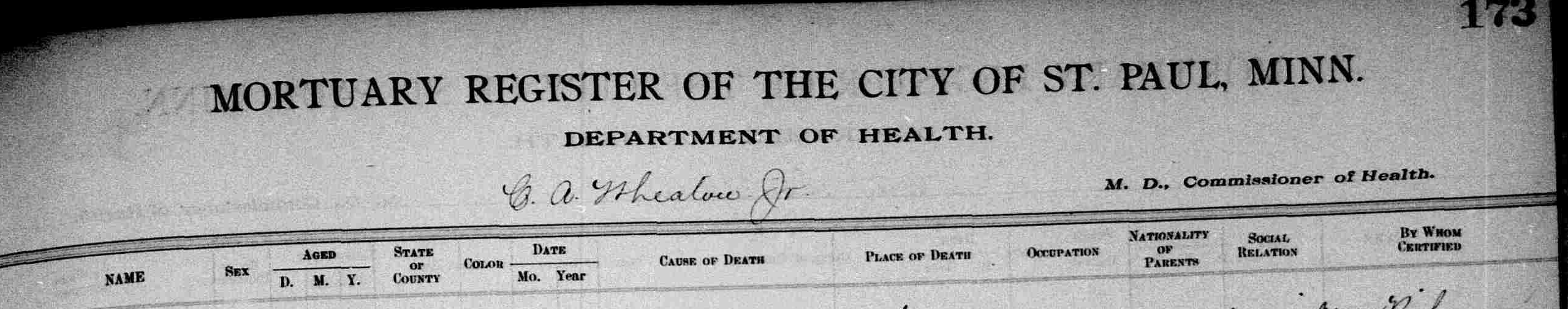 Title and column data headings for a mortuary register.