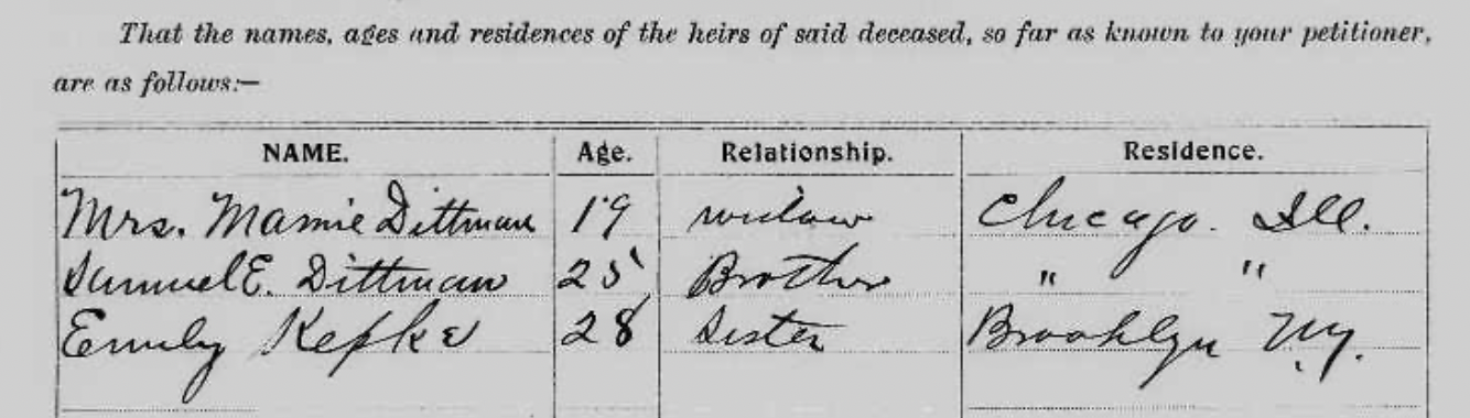 Frank's heirs listed in his probate record: Mamie, Samuel, and Emily