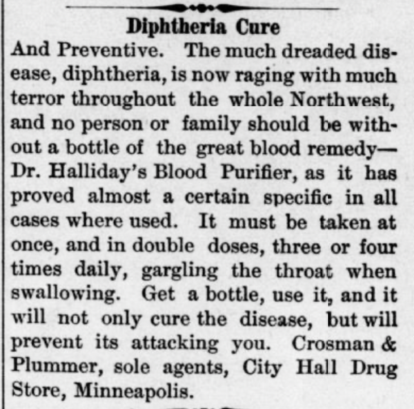 Advertisement for a diphtheria cure. It would not have cured the illness.